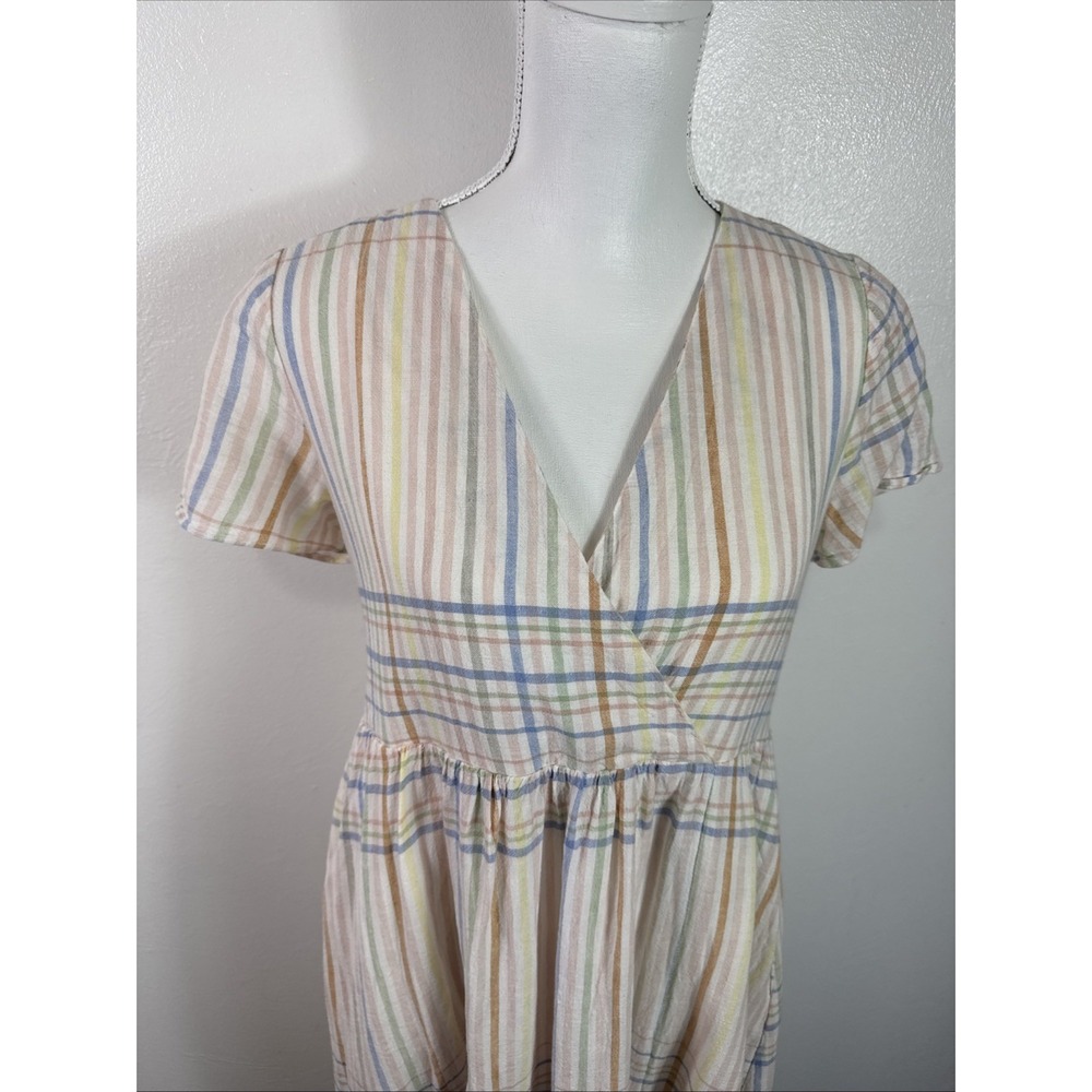 Madewell Women XS Clara Midi Dress Pockets Linen Bld Pastel Plaid Cap Sleeve - Picture 6 of 16